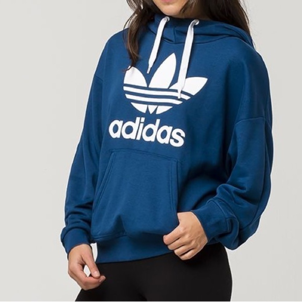 Adidas Women’s Blue Treefoil Oversized Tech Style Hoodie Size Small